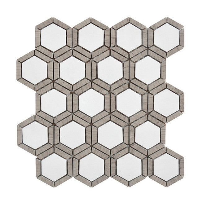 Athen Gray and Crystal White Hexagon Art 3d 10.04 in. x 11.42 in. Hexagon Natural Stone Polished Mosaic Tile