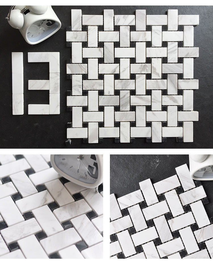 Basketweave White and Black Marble Natural Stone Polished Mosaic Wall Tile