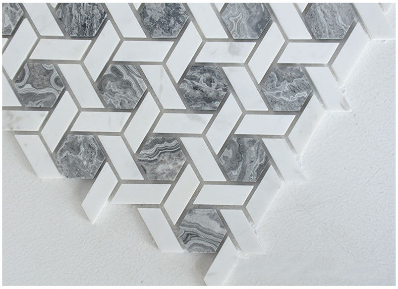 Basketweave White and Gray Marble Natural Stone Polished Mosaic Wall Tile