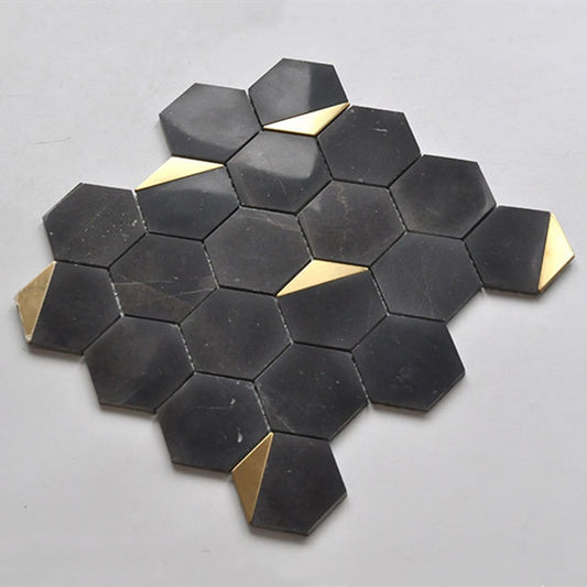 Black Marble Hexagon Mosaic Tile with Brass Metal Accents 12 in. x 12.99 in. (1.08 sq. ft./ piece)