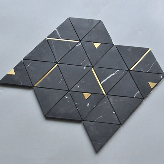 Black Marble Triangle Mosaic Tile with Brass Metal Accents 12.13 in. x 13.98 in. (1.18 sq. ft./ piece)