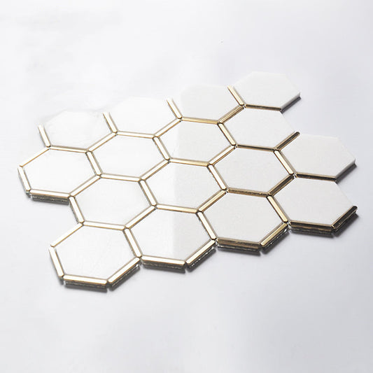 White Marble Hexagon Mosaic Tile with Brass Metal Accents 11.22 in. x 12.8 in.  (1 sq. ft./ piece)