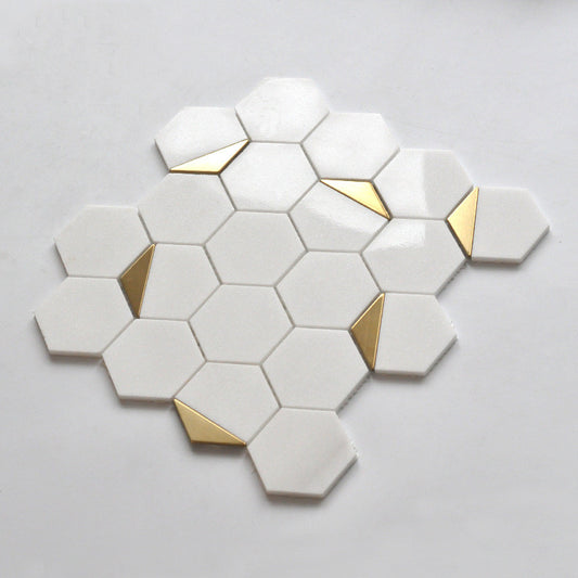 White Marble Hexagon Mosaic Tile with Brass Metal Accents 12 in. x 12.99 in. (1.08 sq. ft./ piece)