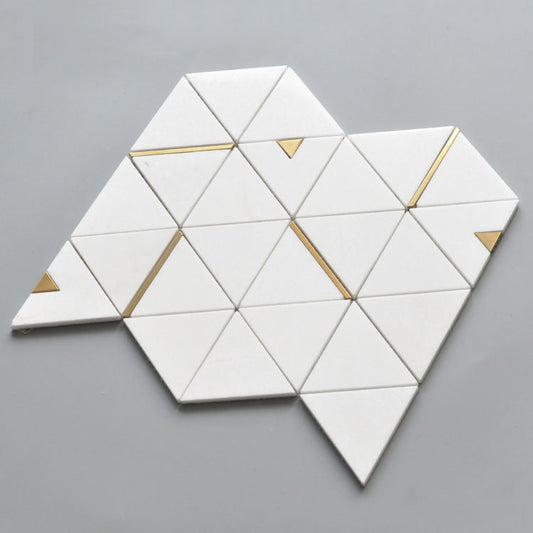 White Marble Triangle Mosaic Tile with Brass Metal Accents 12.13 in. x 13.19 in. (1.11 sq. ft./ piece)
