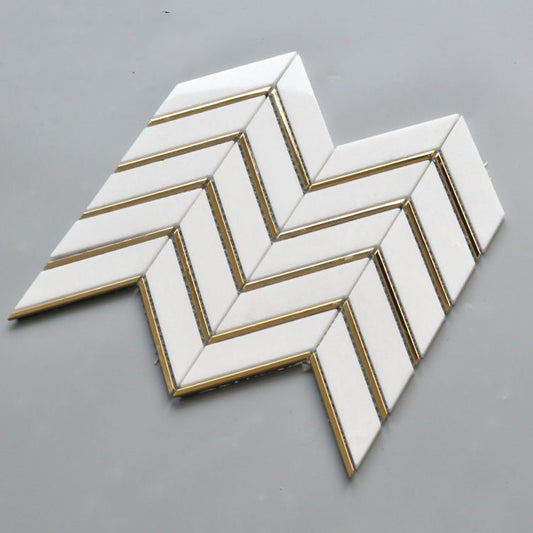 White Thassos Herringbone Mosaic Tile with Brass Metal Accents 10.04 in. x 11.81 in.  (0.82 sq. ft./ piece)