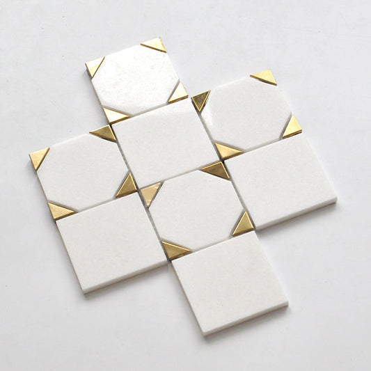 White Thassos Mosaic Tile with Brass Metal Accents 9.13 in. x 9.13 in. (0.58 sq. ft./ piece)