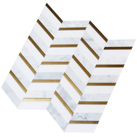 White and Gray Marble with Golden Brass Metal Chevron Pattern Mosaic Tile 11.81 in. x 11.81 in. (0.97 sq. ft./ piece)
